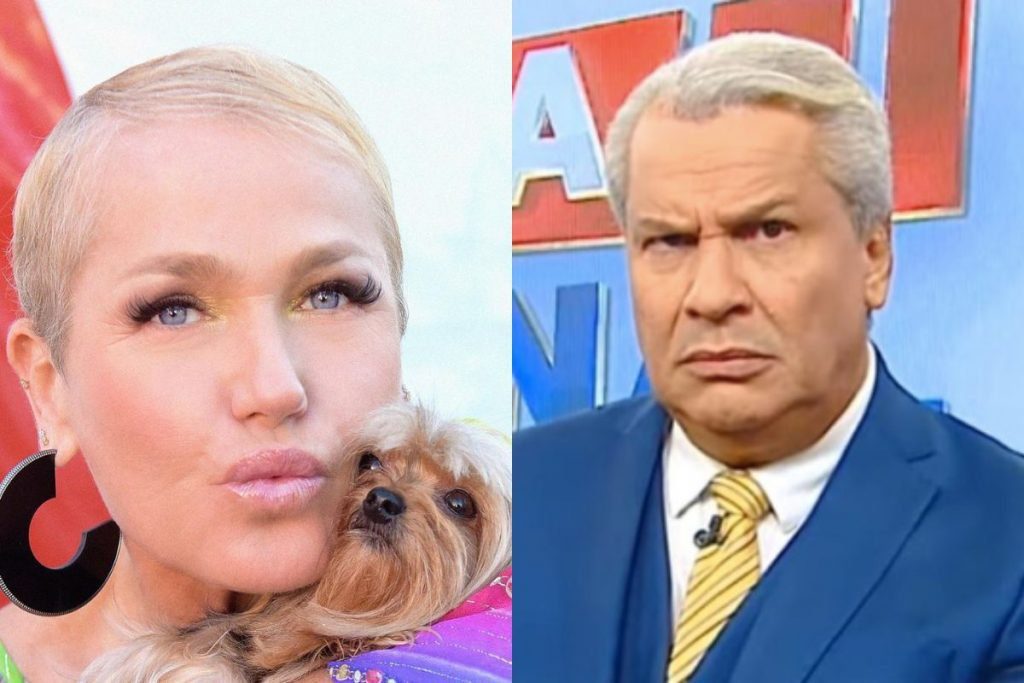 A apresentadora Xuxa Meneghel posa com sua cachorrinha (esquerda) e a apresentadora Sikêra Jr. olha para a câmera (direita) - Metrópoles