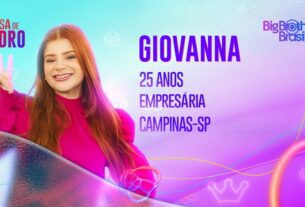 Arte do perfil da participante da Casa de Vidro do BBB23 Giovanna, empresária de Campinas.  Ela é branca, tem olhos escuros e cabelo ruivo, liso e longo, sorrindo - Metrópoles